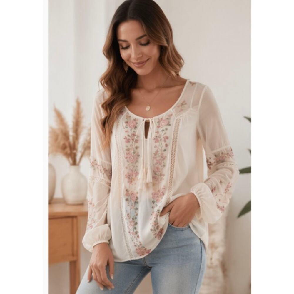 Boho embroidered peasant blouse creamballoon sleeve cottage bohemian top